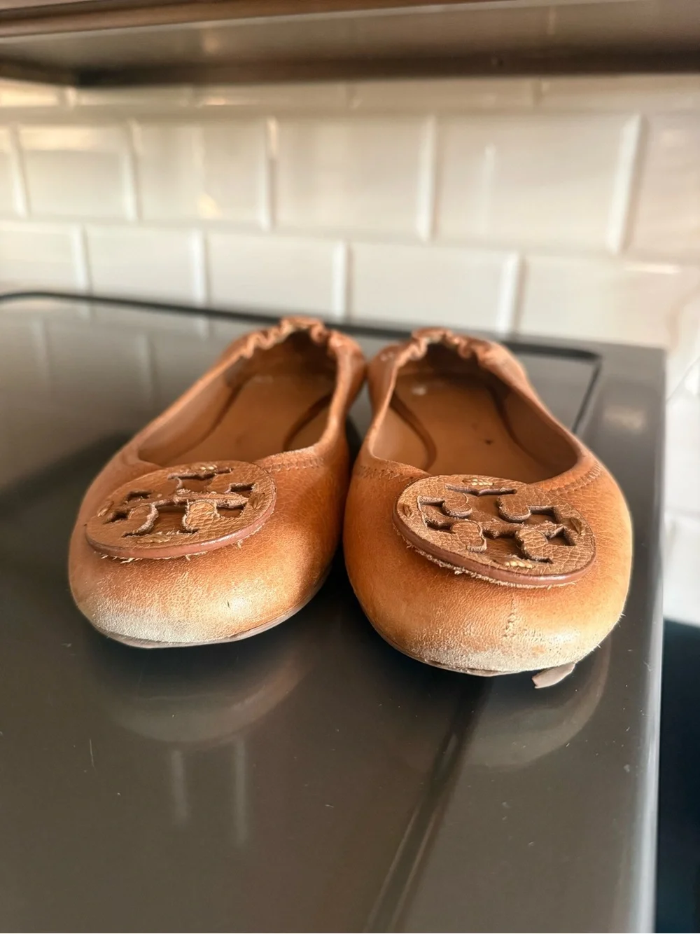 Tory Burch Girls Brown Leather Logo Ballet Flats